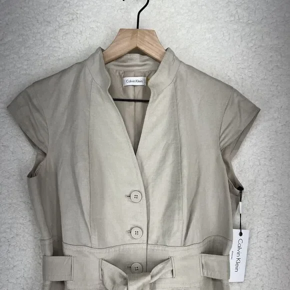 NWT Calvin Klein Khaki Belted TieWaist Womens Career Dress SIZE 4 Safari Midi - Picture 2 of 8
